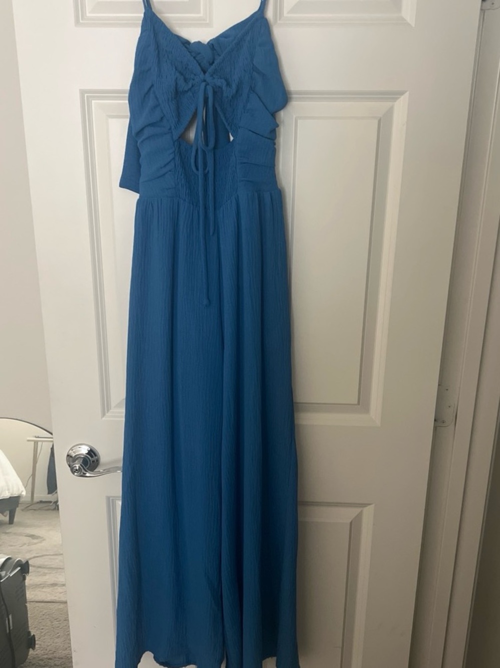 Blue Spaghetti-Strap wide leg jumpsuit with Tie-Front/back